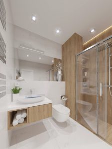 Salle de bain lumineuse moderne et chic bois et blanc avec vasque