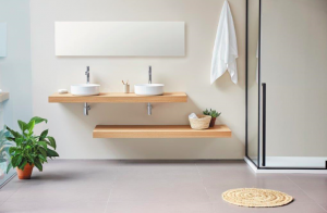 Salle de bain épuré bois et blanc avec vasque à poser